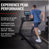 Graphic showing a person running on a treadmill that is inclined about 18 degrees. Talks about 5 HP AC commercial grade motor, cushioned absorption deck, multimedia touch screen , up to 12 mph and 18 degree incline.