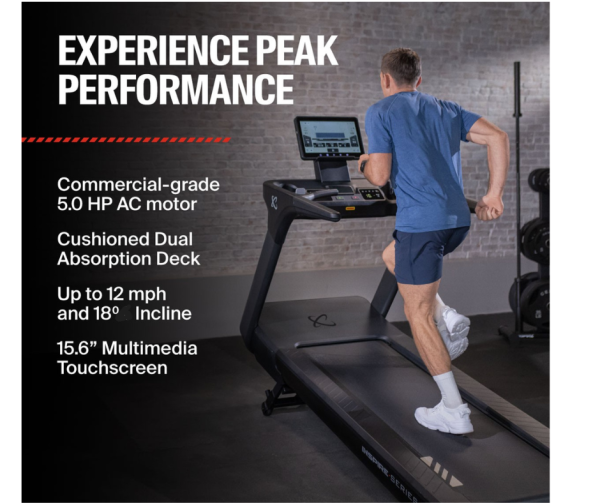 Graphic showing a person running on a treadmill that is inclined about 18 degrees. Talks about 5 HP AC commercial grade motor, cushioned absorption deck, multimedia touch screen , up to 12 mph and 18 degree incline.